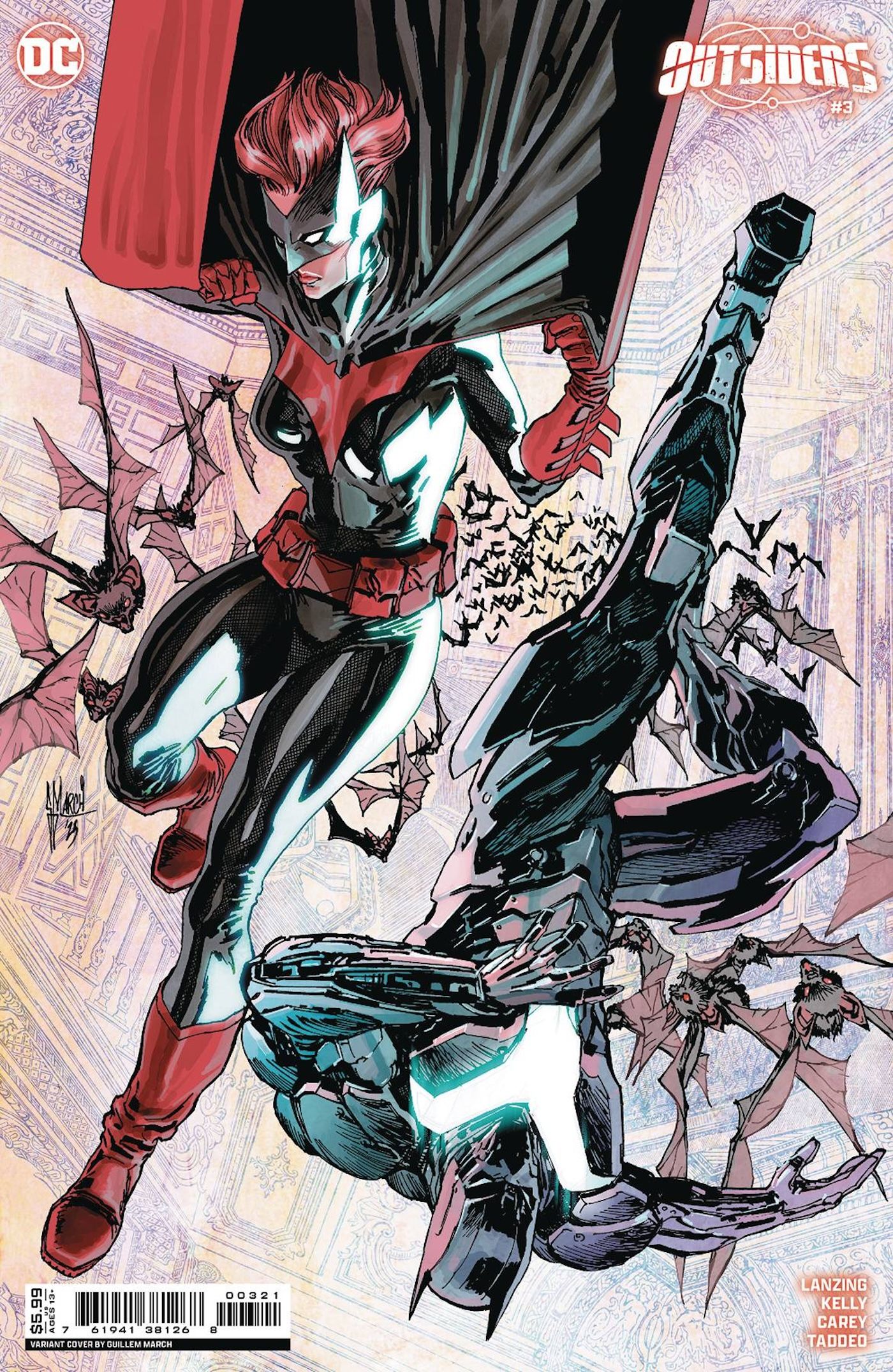 Outsiders 3 March Variant Cover: Bat-themed superheroes side by side.