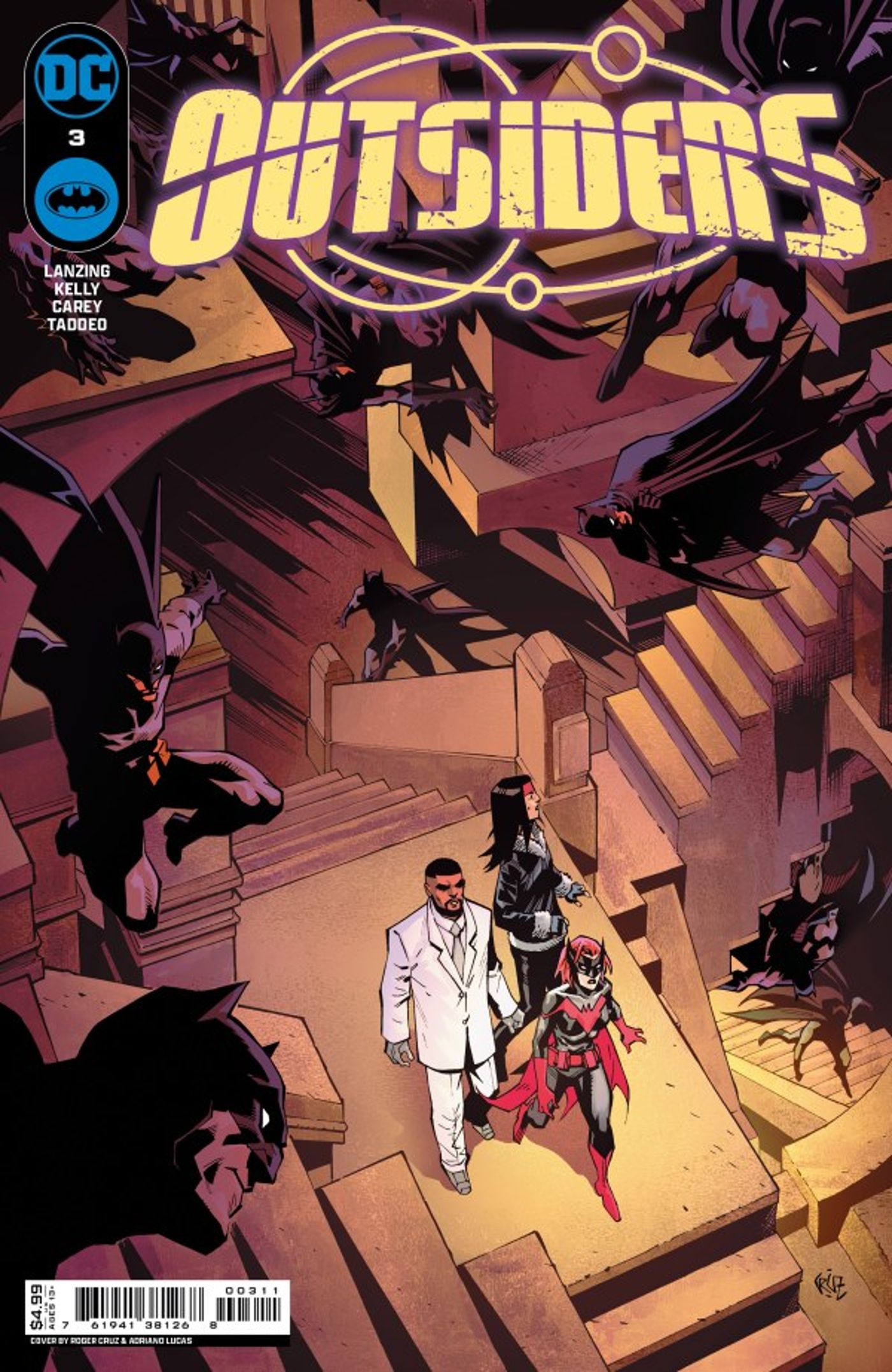 Cover for Outsiders #3, featuring a labyrinth occupied by multiple Batmen 