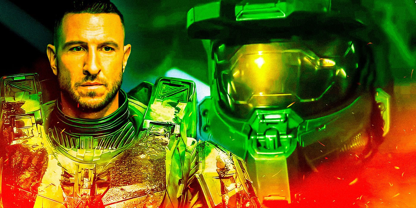 Pablo Schreiber as Master Chief alongside Master Chief's helmet in the Halo series