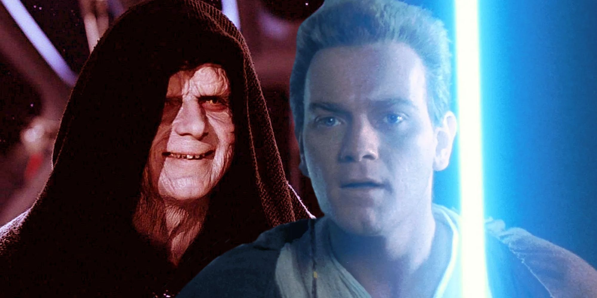 Palpatine smiling with a red filter next to Obi-Wan wielding his lightsaber in Star Wars
