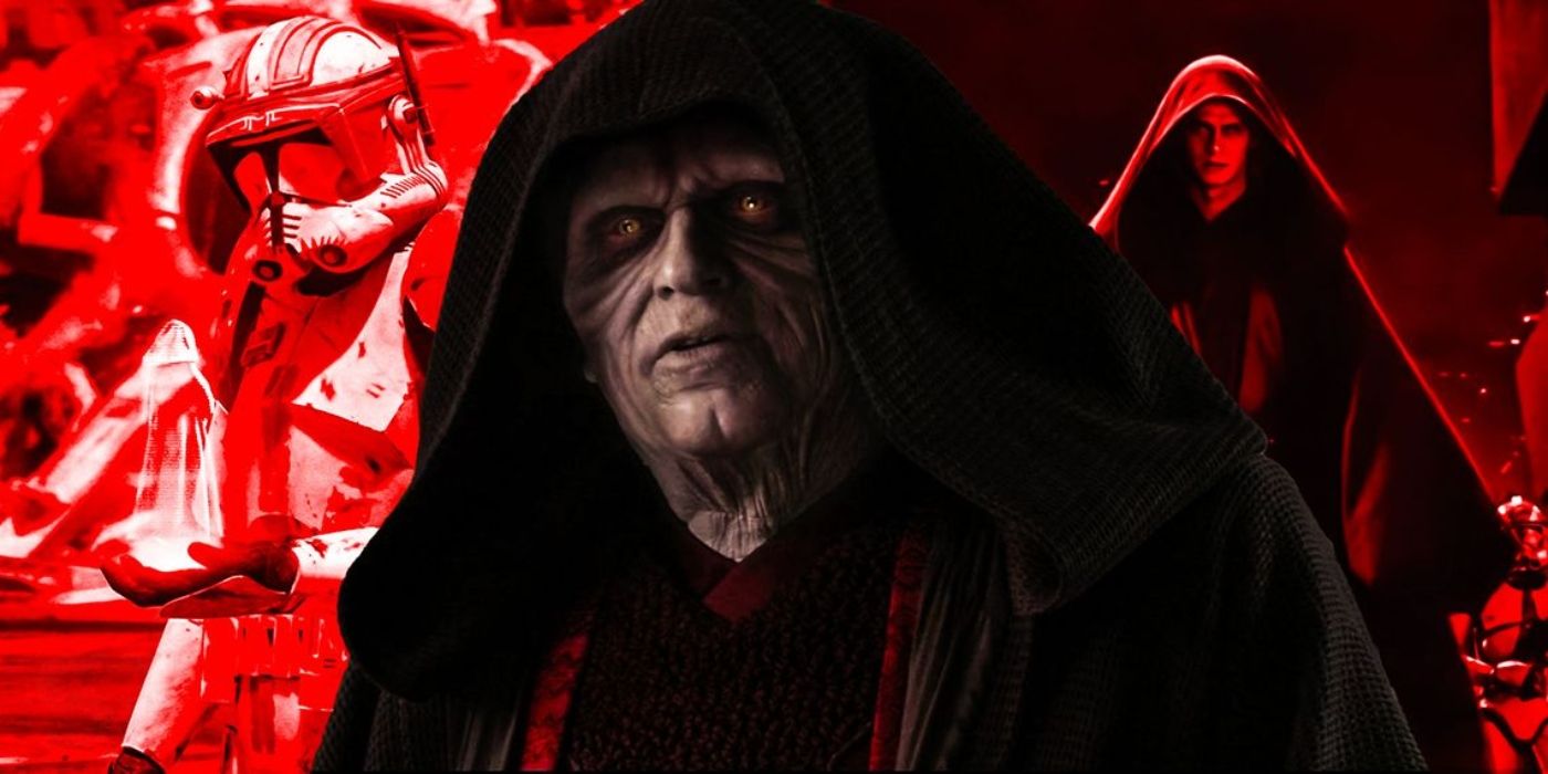 Emperor Palpatine with a Clone Trooper and Anakin Skywalker behind him.