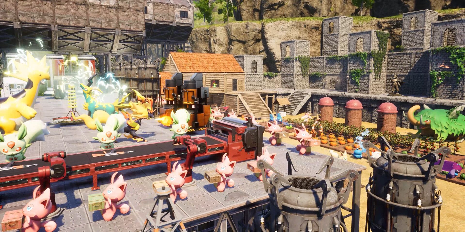 An image of a highly efficient base in Palworld. Cattivas carry crates, Pengullets water a pumpkin patch, while various other Pals heat furnaces, supply power, and assemble rifles.