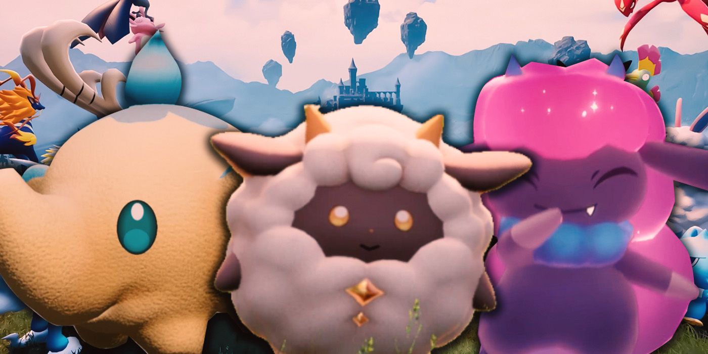 Three Pals from the game Palworld. From left to right, an orange and blue elephant-like creature, one that resembles a sheep, and other that looks like a pink cloud creature.