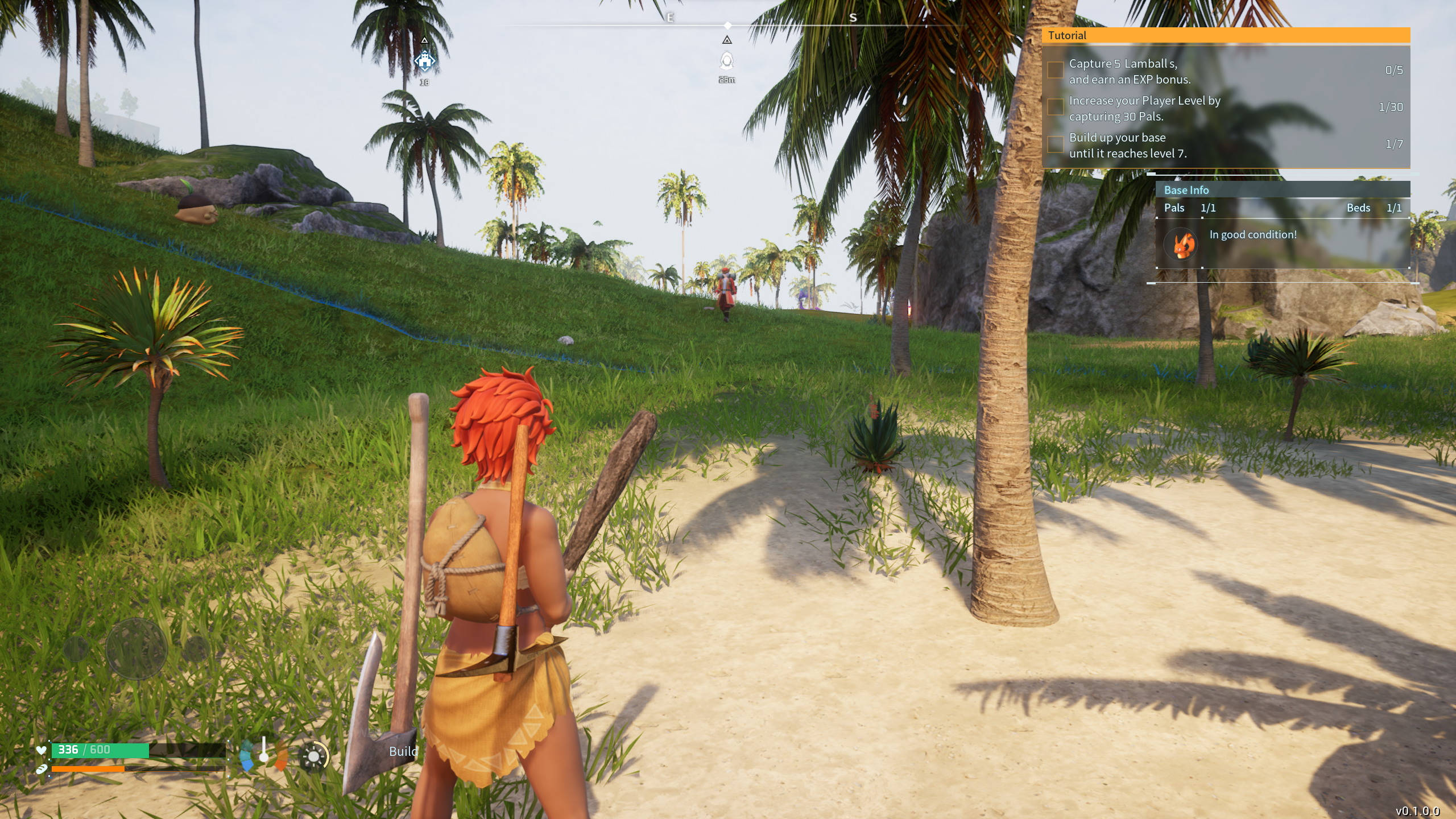 A Palworld avatar holds a club while standing on a the side of beach, staring off into a sparse field