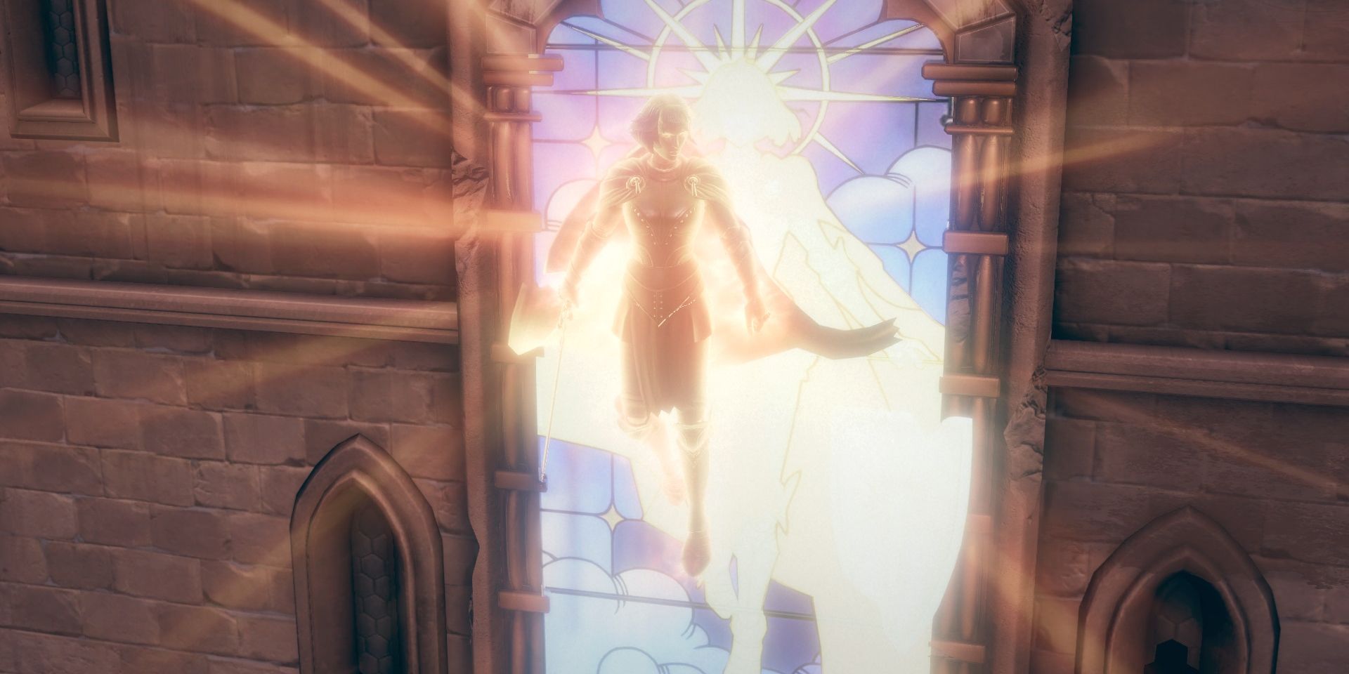 A player character, bathed in golden light, floats in front of a stained-glass window in a screenshot from Pathfinder: Wrath of the Righteous.