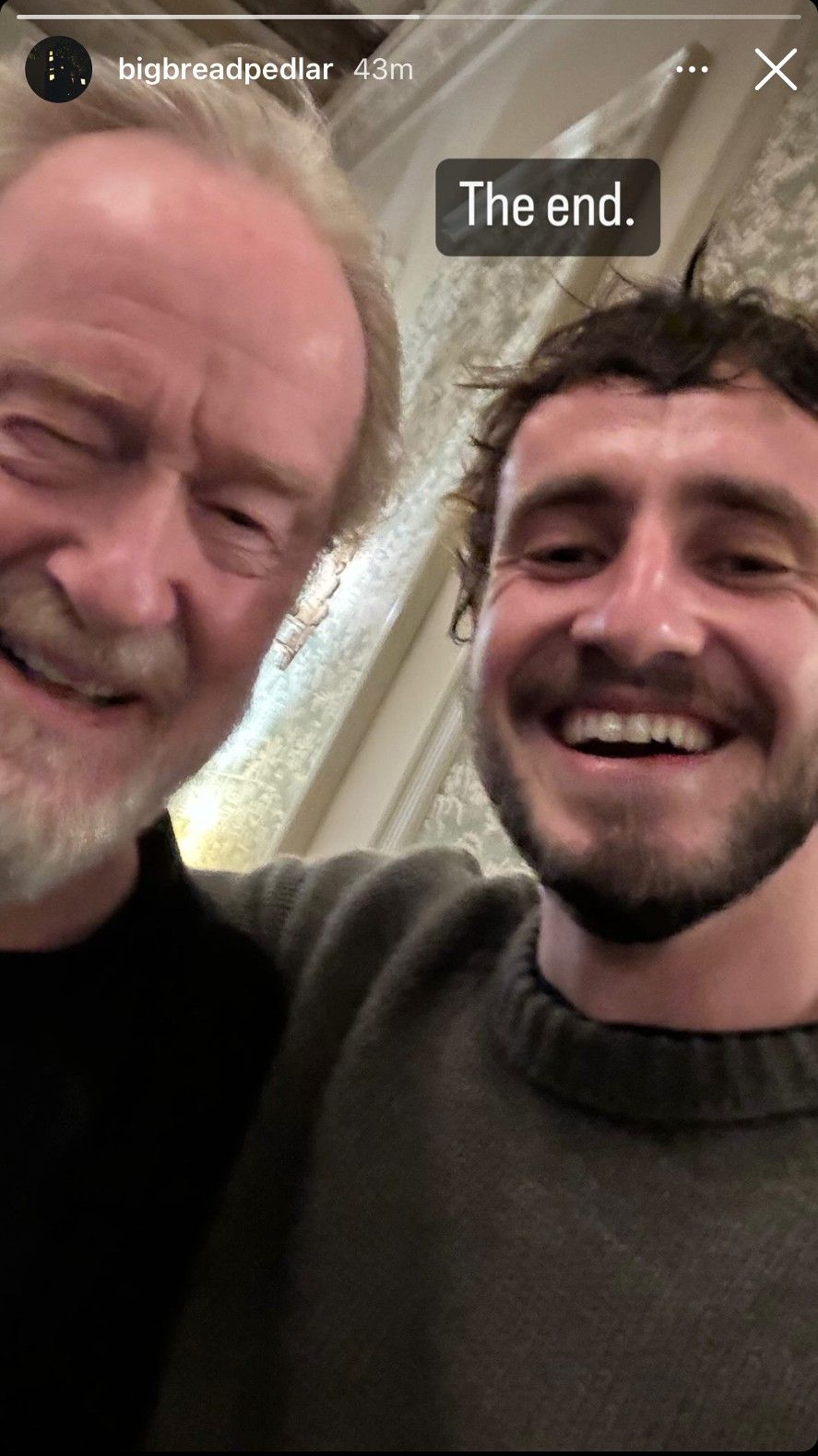 Paul Mescal posting a photo with Ridley Scott on Instagram