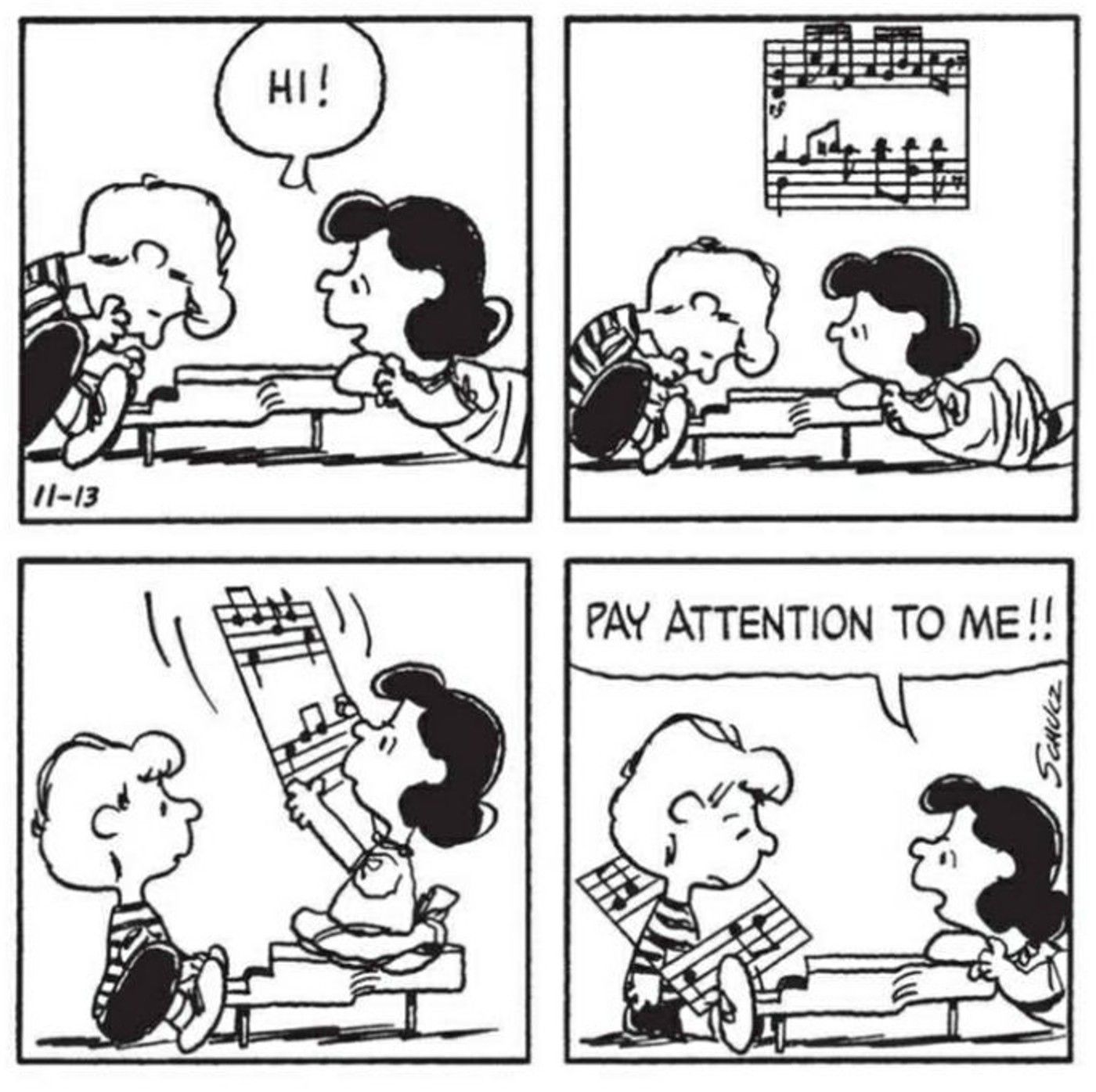peanuts Lucy hits Schroeder with his own music, breaking the fourth wall