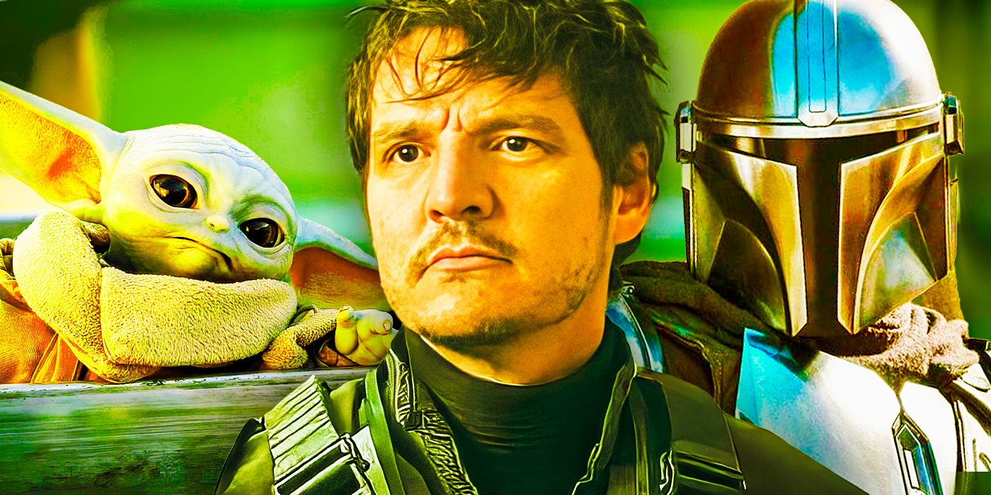 Pedro Pascal as Din Djarin in Imperial armor superimposed with Din and Grogu in The Mandalorian
