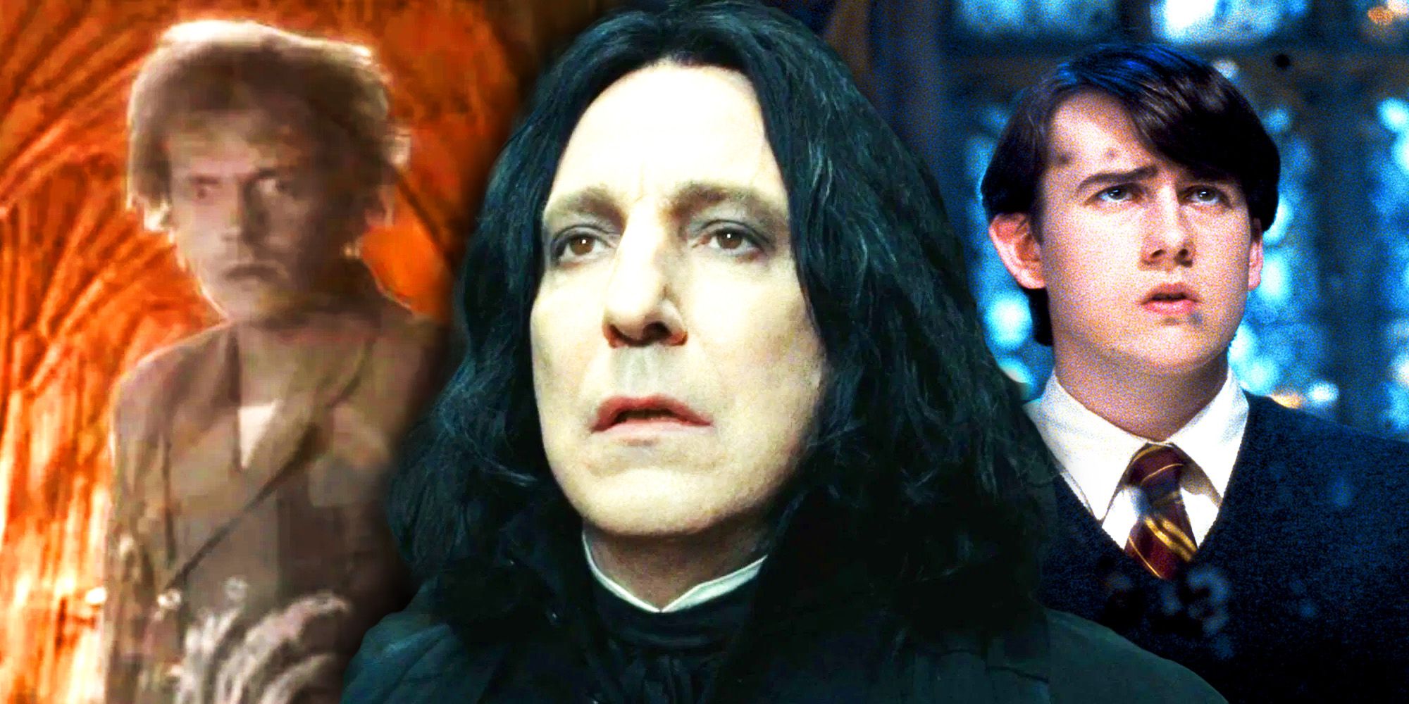 Peeves the Poltergeist, Severus Snape Looking Grim, and Neville Longbottom from Harry Potter