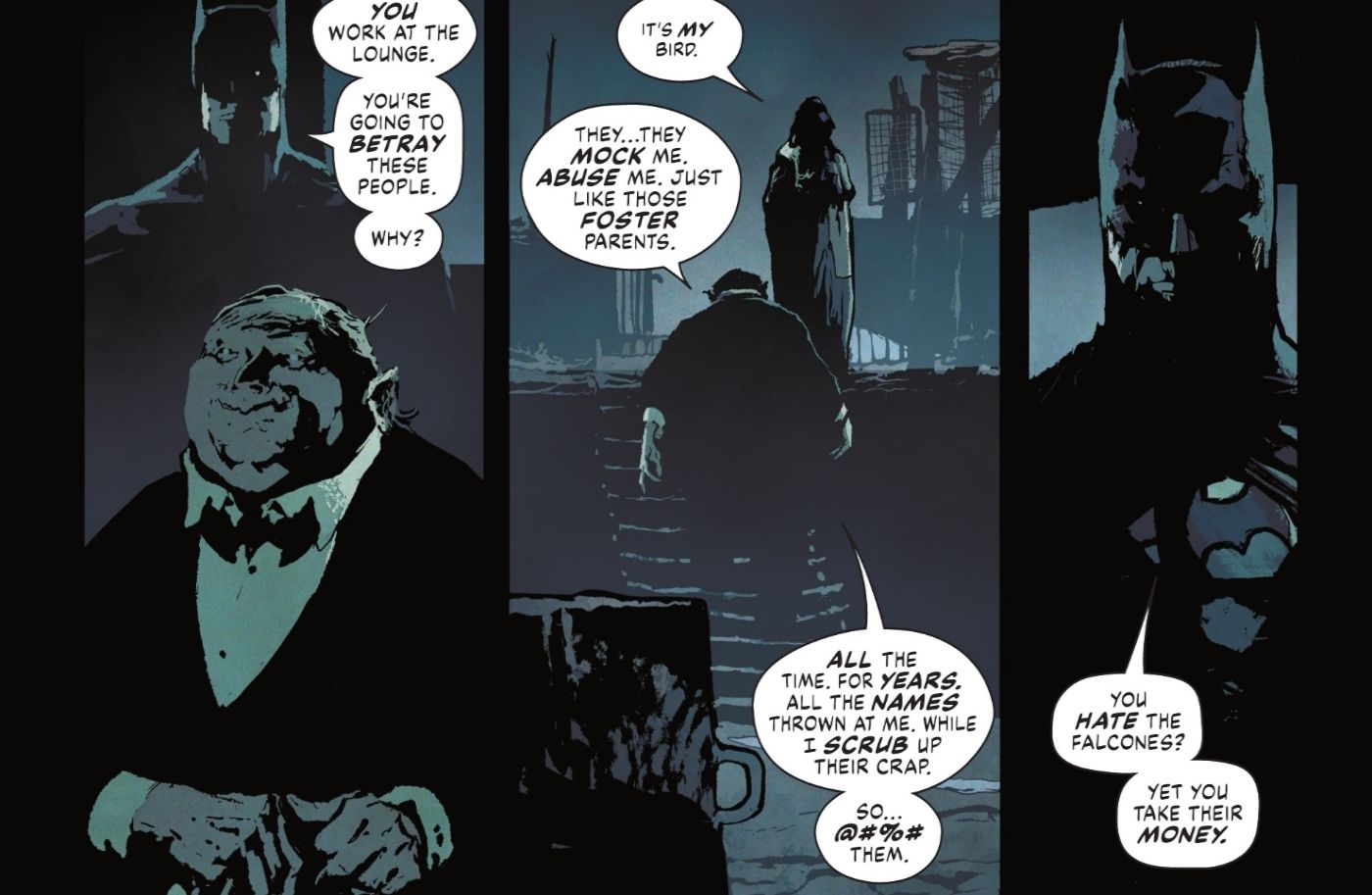 Comic book panels:Penguin And Batman Talk On A Rooftop For The First Time