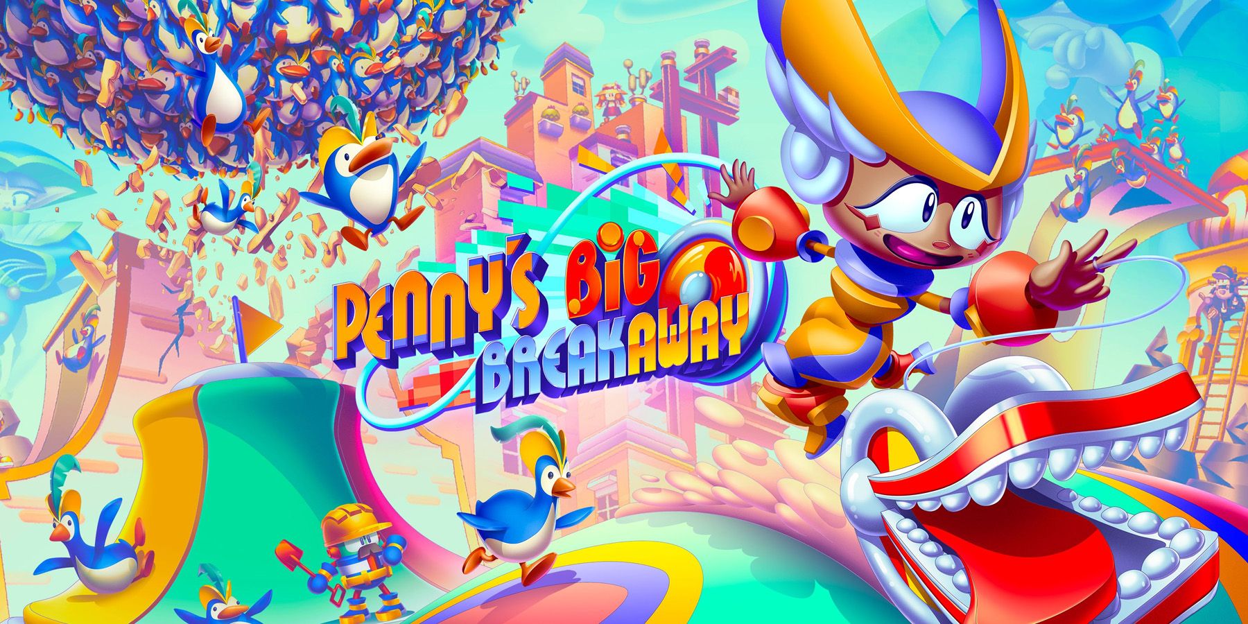 Penny being chased by a giant ball of penguins in key art for Penny's Big Breakaway.
