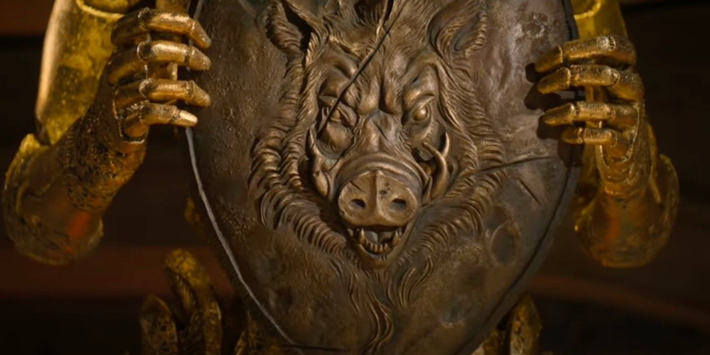 Escudo de Ares com um javali em Percy Jackson e os Olimpianos, temporada 1, episódio 5