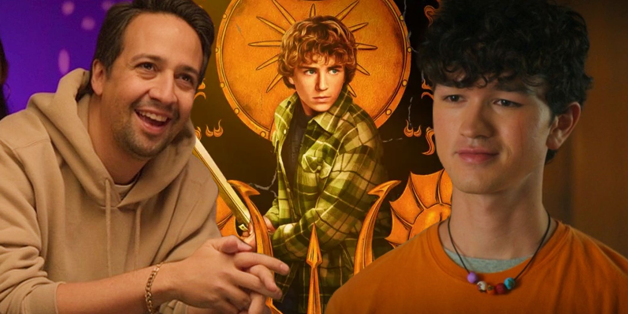 A poster of Percy Jackson holding a sword between Luke and Hermes smiling in the TV show