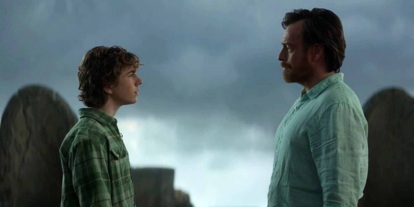 Walker Scobell as Percy and Toby Stephens as Poseidon in the season 1 finale of Percy Jackson and the Olympians on Disney+.