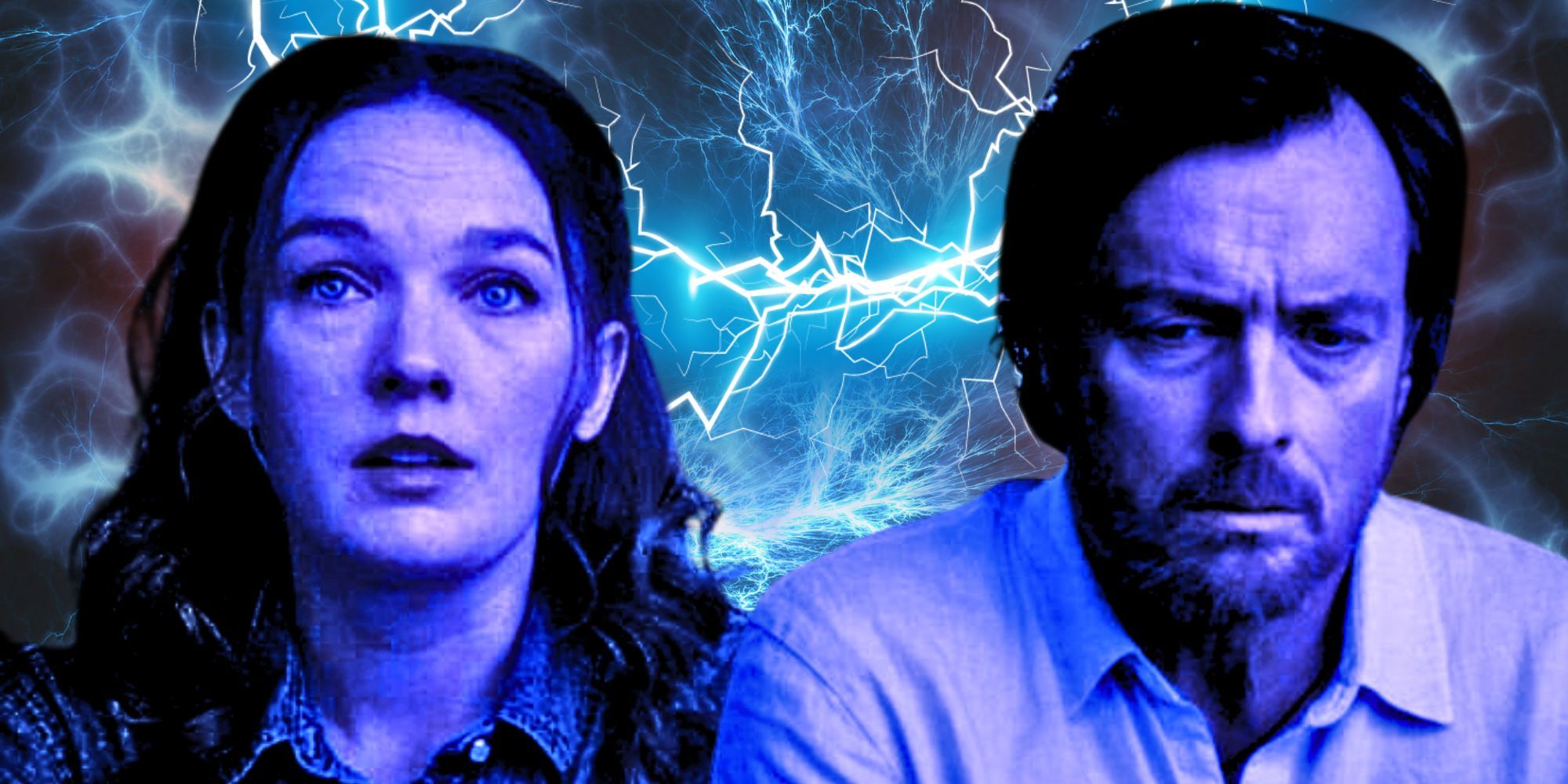 Sally Jackson and Poseidon from Percy Jackson looking upset with lightning behind them