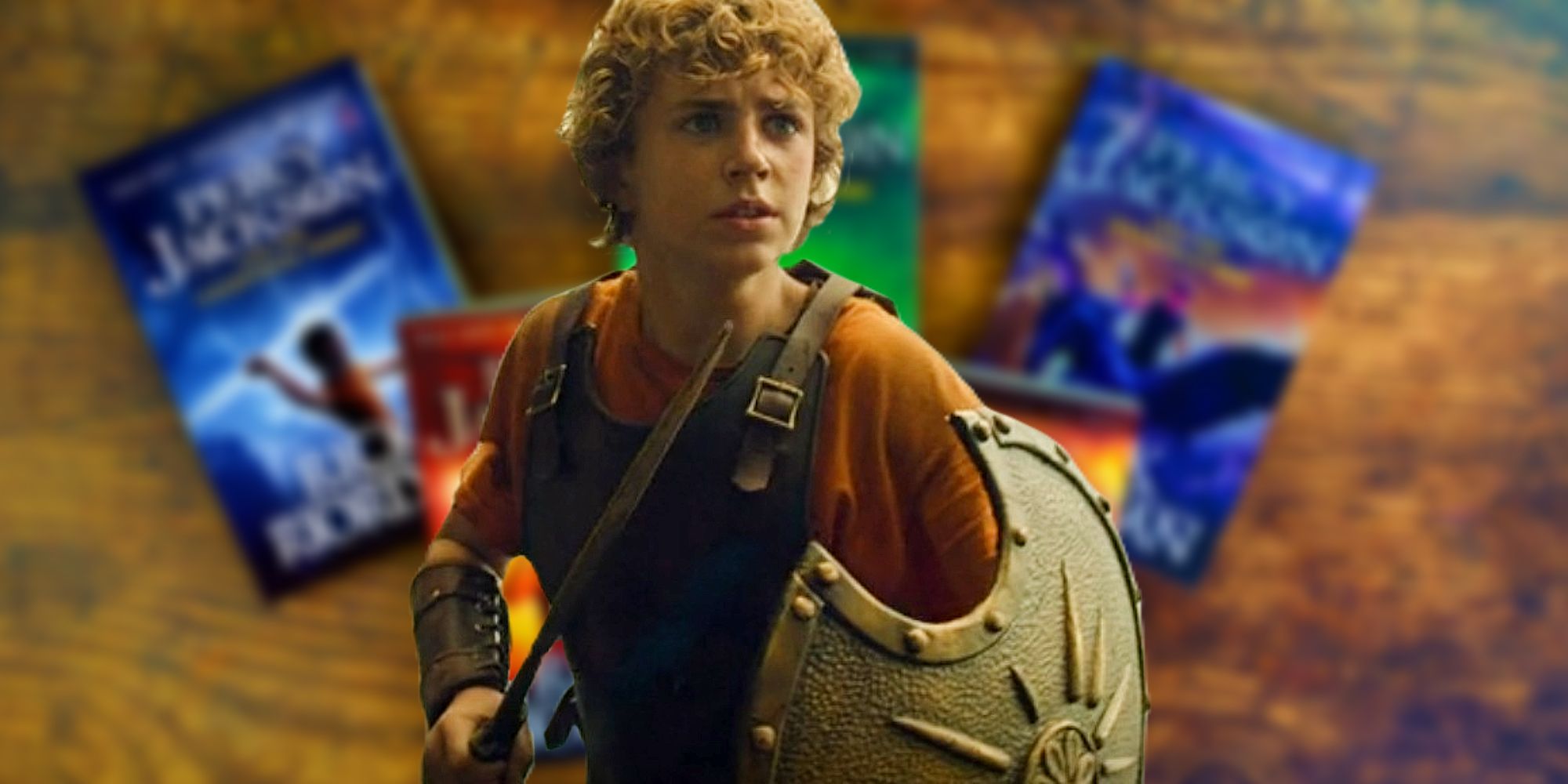 Percy Jackson wielding a sword and shield above a blurred image of the book series