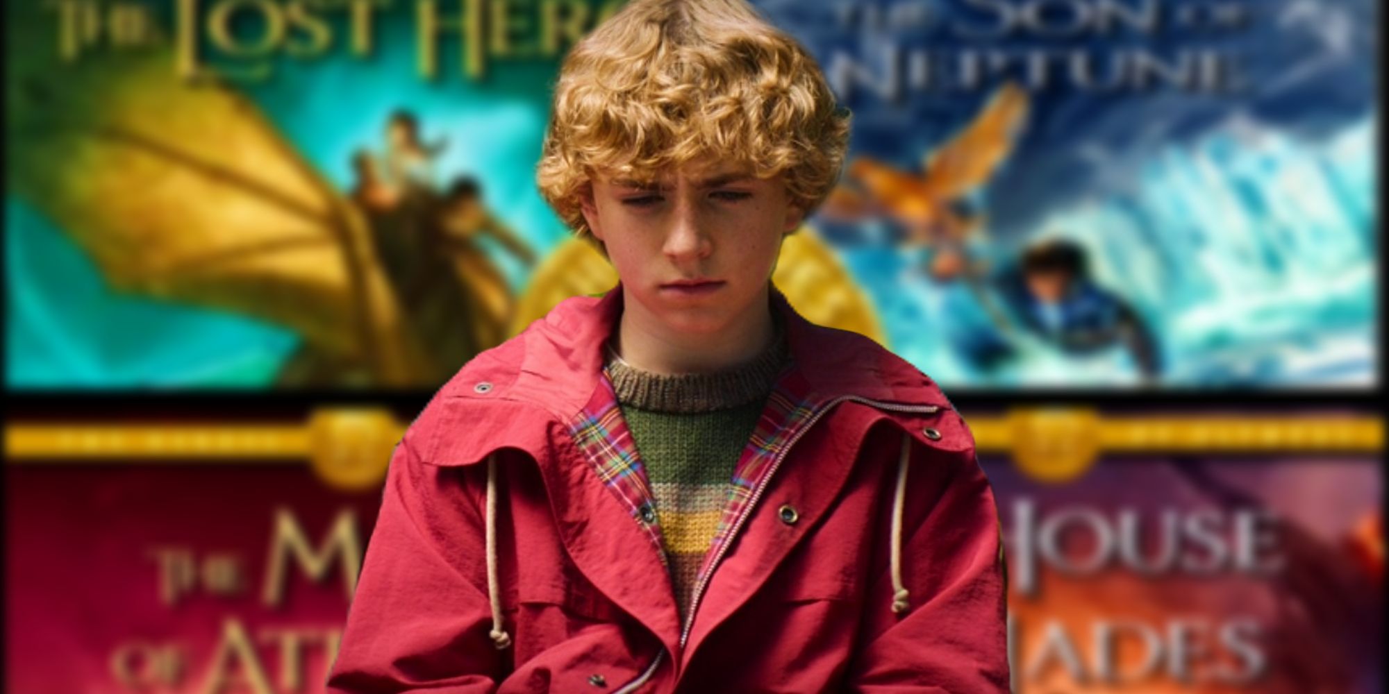 Walker Scobell as Percy Jackson from the TV show on top of a blurred image of the Heroes of Olympus book series