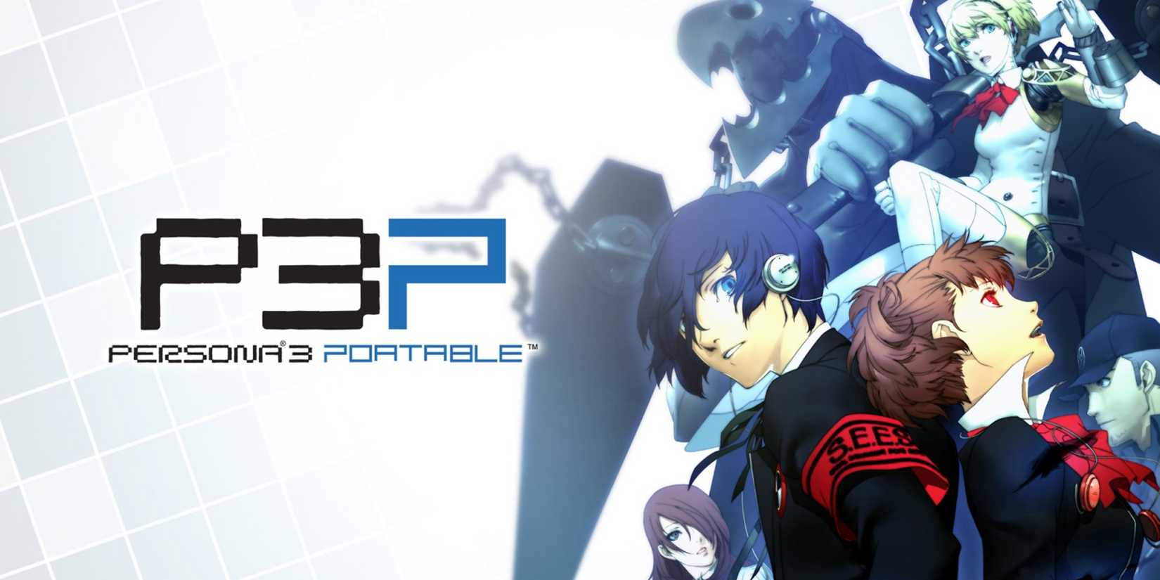 Persona 3 Portable logo on the left with a collage of characters and Personas on the right