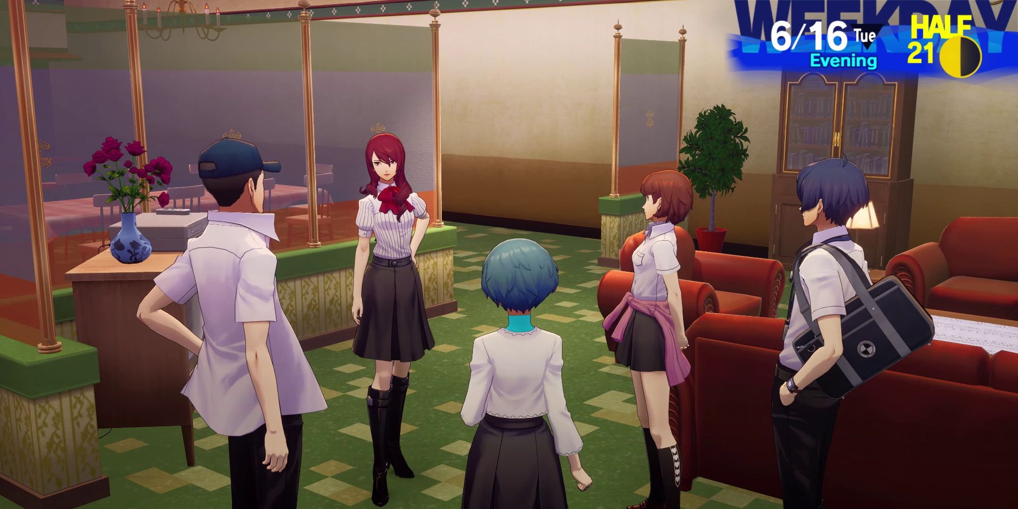 Junpei, Mitsuru, Fuuka, Yukari, and Makoto stand in a circle in the Iwatodai Dorm in a screenshot from Persona 3 Reload.