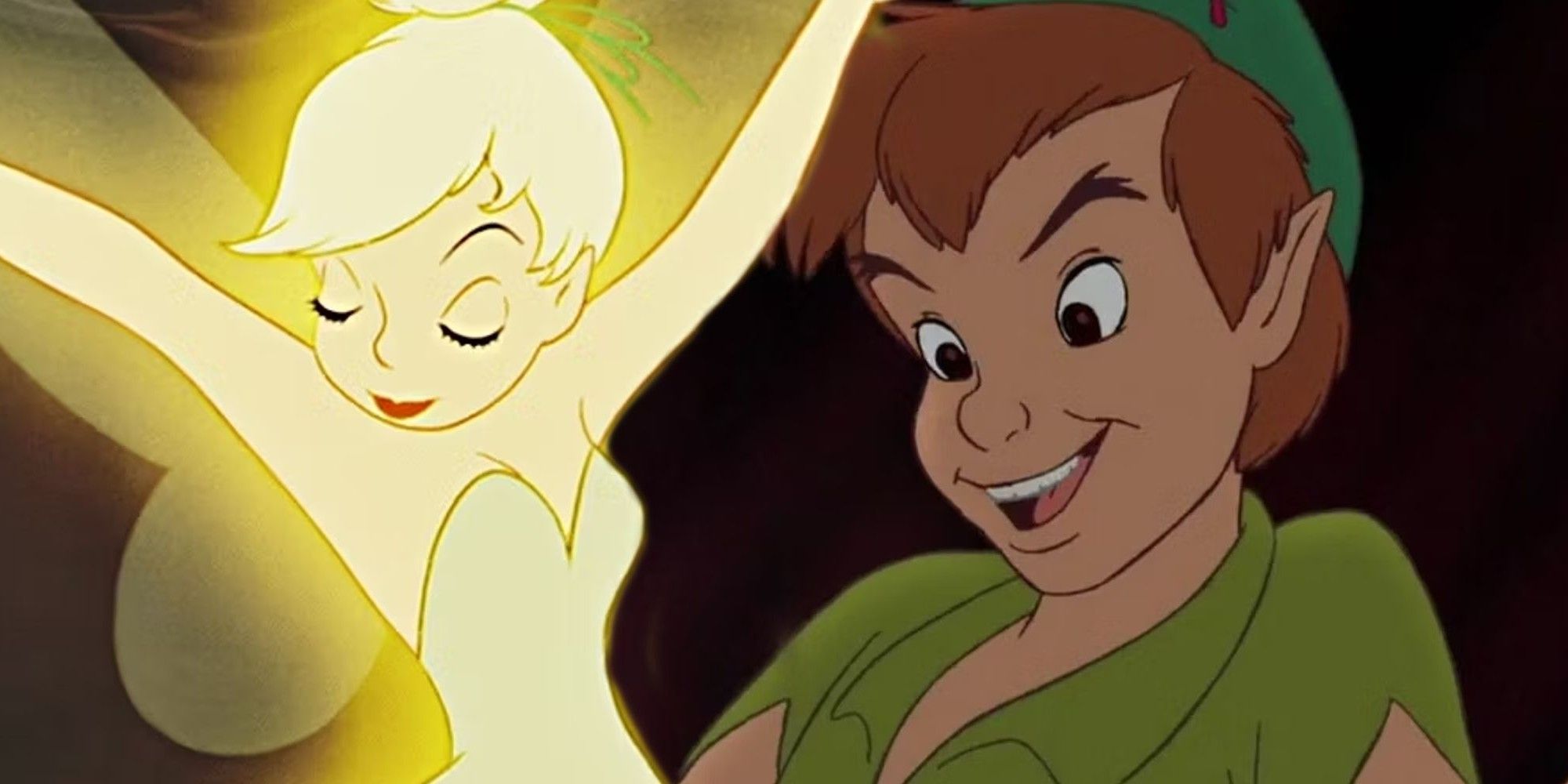 Peter Pan with his arms extended outward and Tinkerbell dancing with her arms up in the Disney animated movie