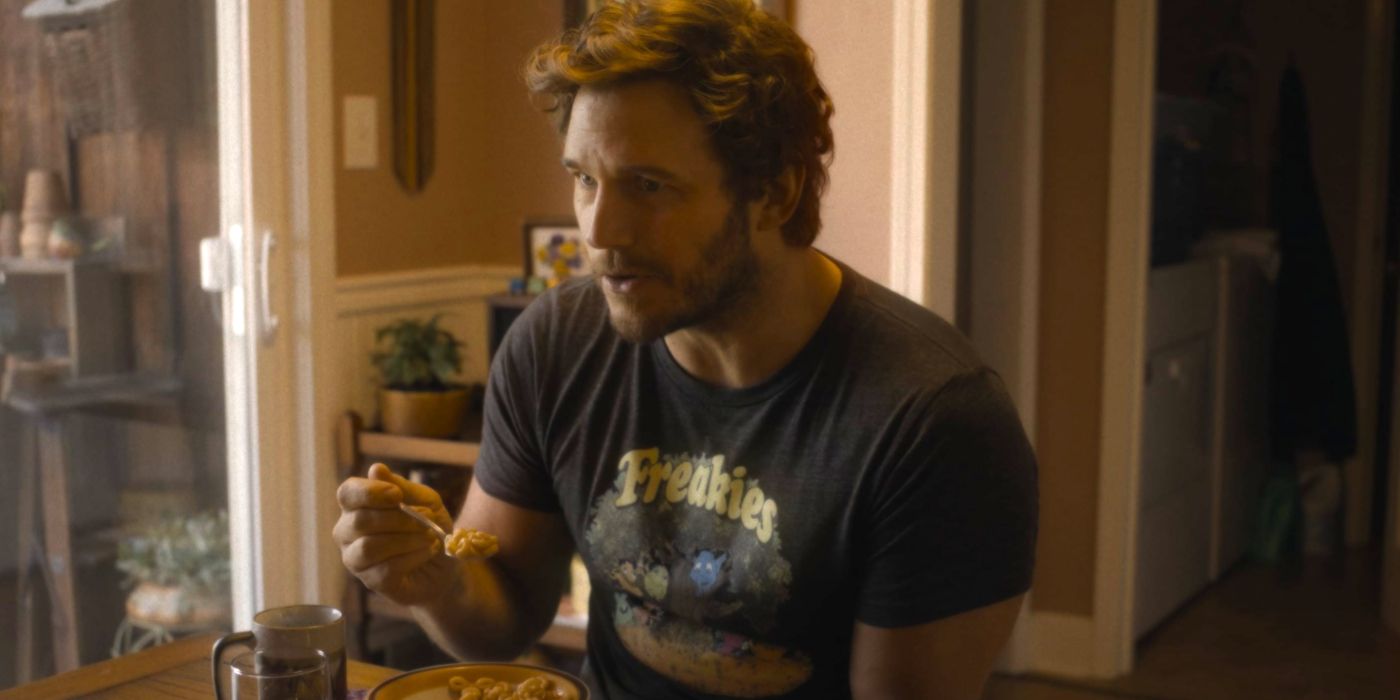 Chris Pratt como Peter Quill/Senhor das Estrelas comendo cereal em Guardiões da Galáxia Vol.  Cena pós-créditos do 3