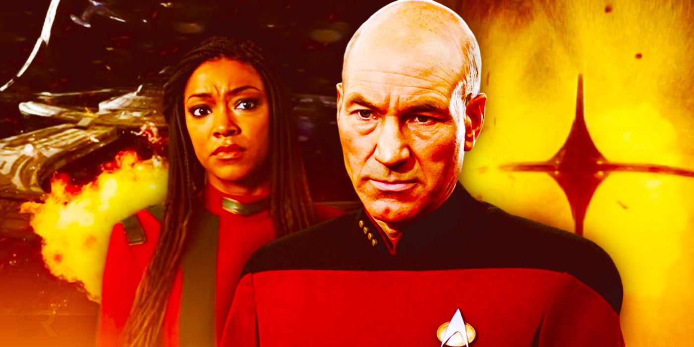 Captain Picard and Captain Burnham looking serious with Deep Space Nine in the background