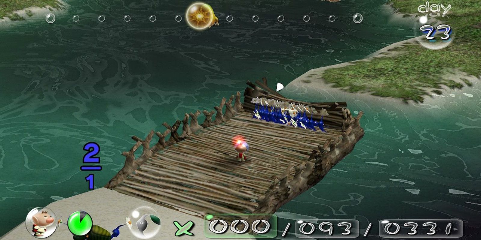 Blue Pikmin rolling out a bridge in Pikmin 1 HD.