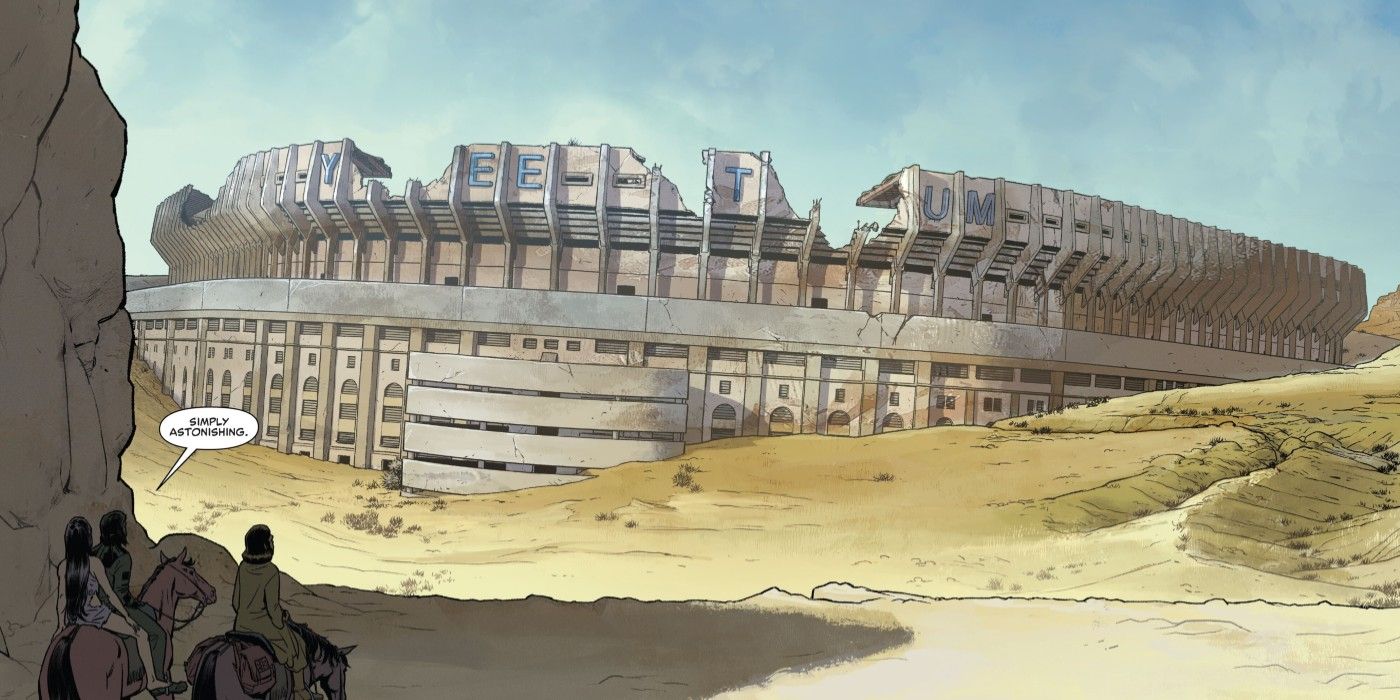 Cornelius, Zira and Nova discover the remains of Yankee Stadium. Letters have fallen off the name, leaving only &ldquo;YEETUM.&quot;