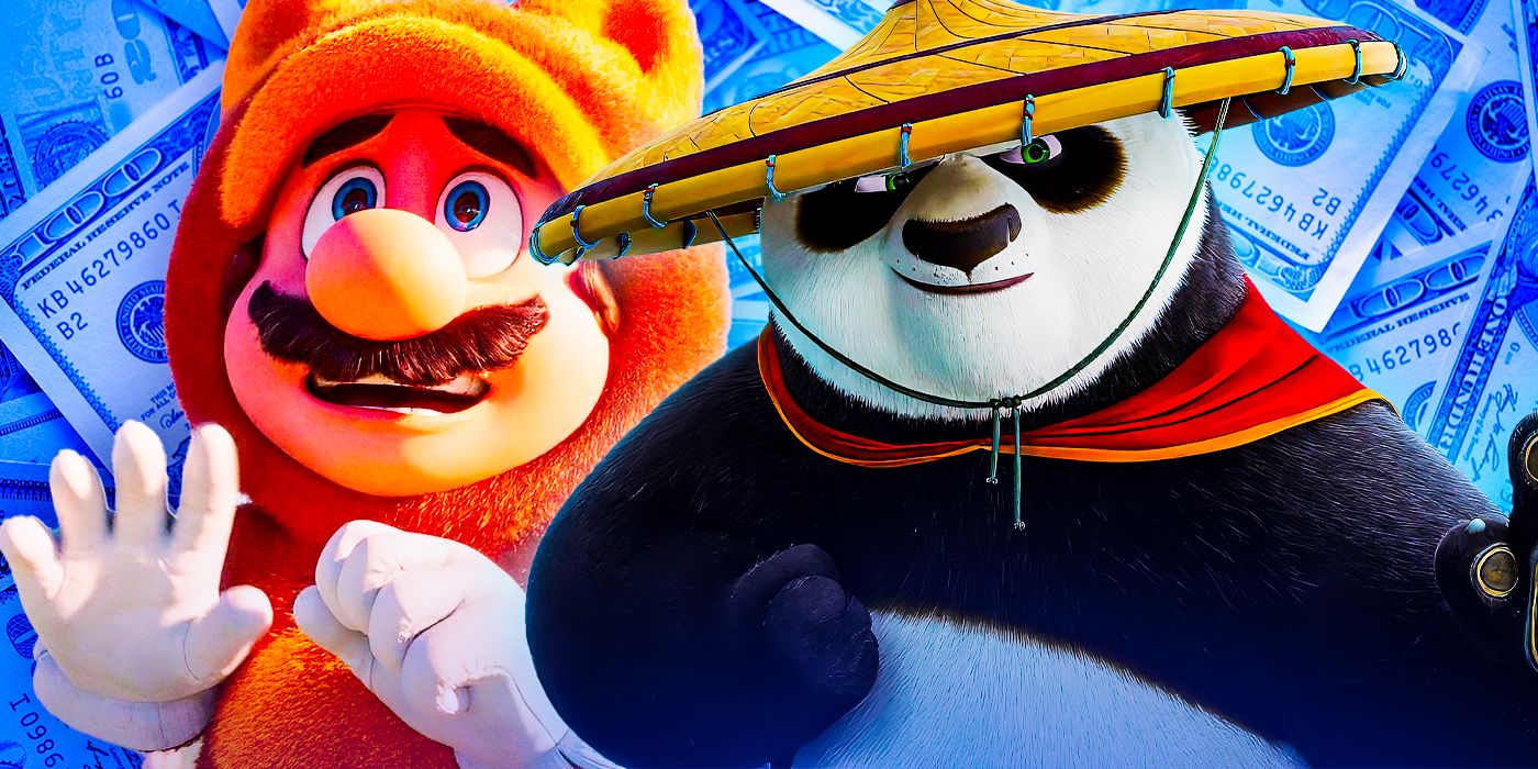 Po from Kung Fu Panda 4 and Mario from The Super Mario Bros Movie with money behind them