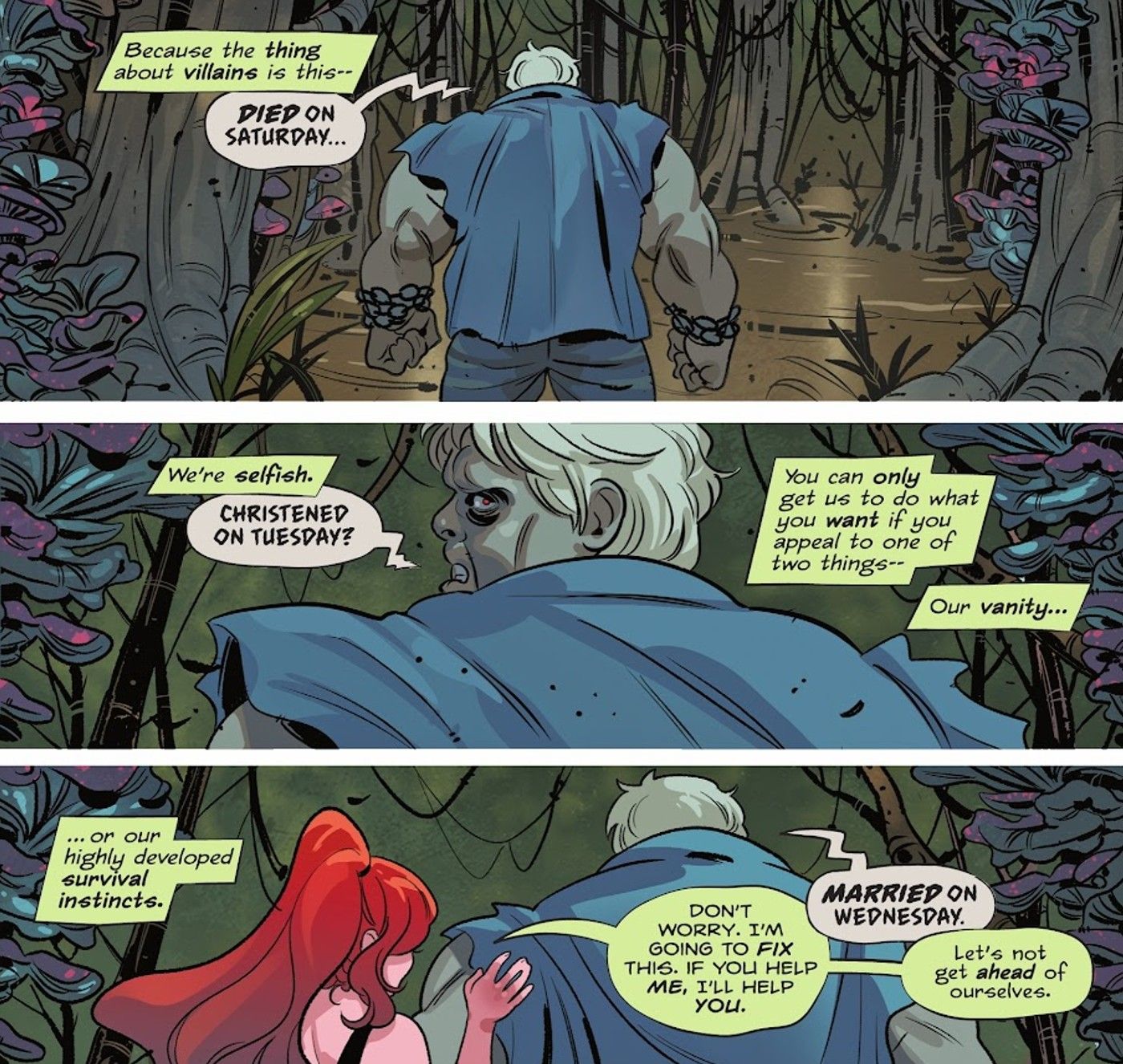 Painéis de quadrinhos: Poison Ivy e Solomon Grundy em um pântano.