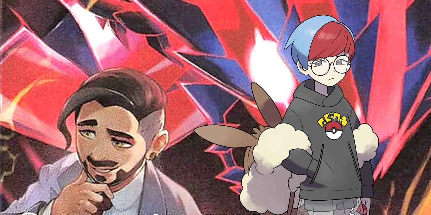 Art of Pokémon Sword And Shield’s Chairman Rose with Eternatus, alongside key art of Penny from Scarlet and Violet.