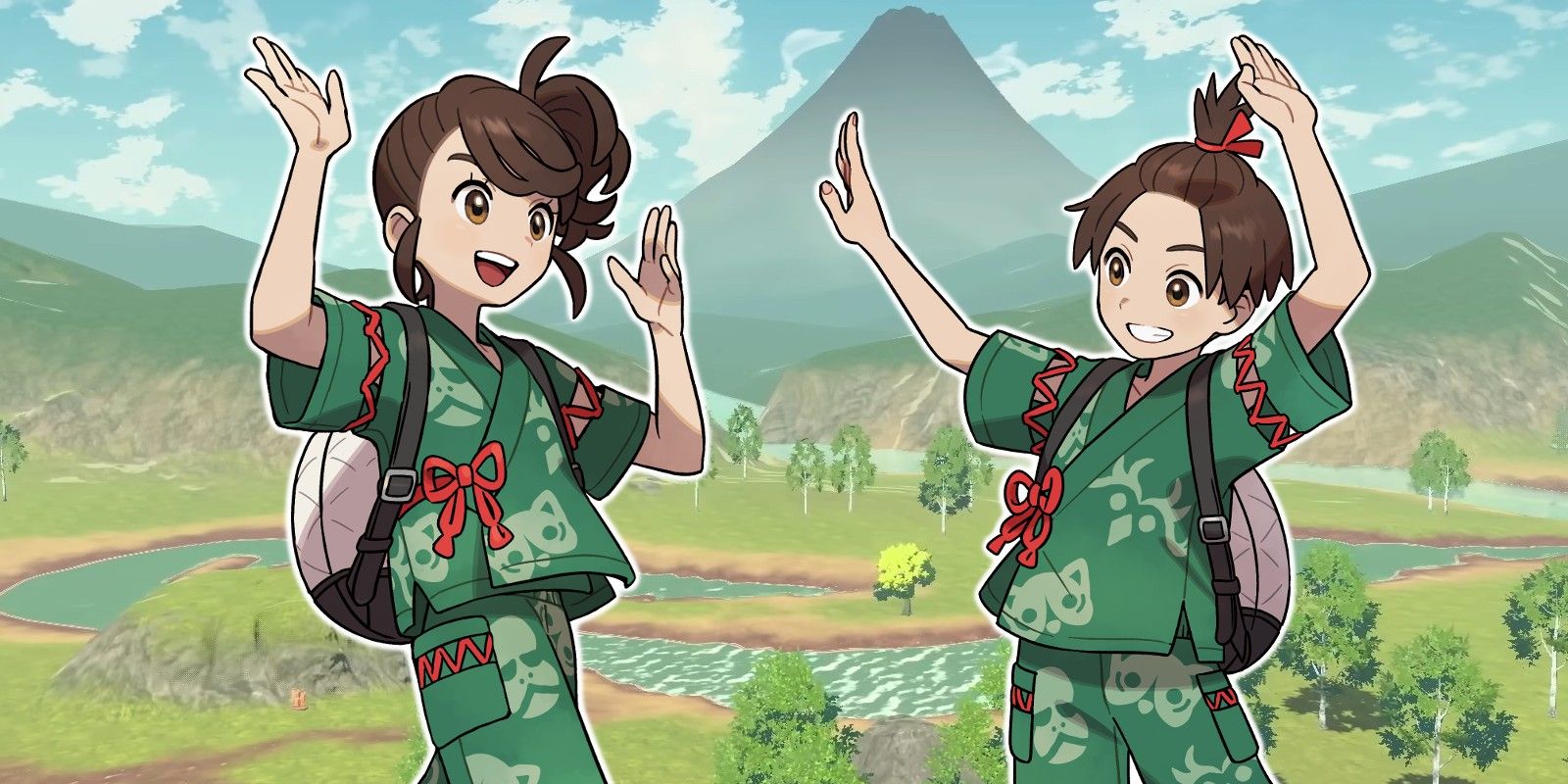 Pokémon Scarlet and Violet's Florian and Juliana in their Teal Mask festival outfits with the landscape of Hisui from Pokémon Legends: Arceus in the background.