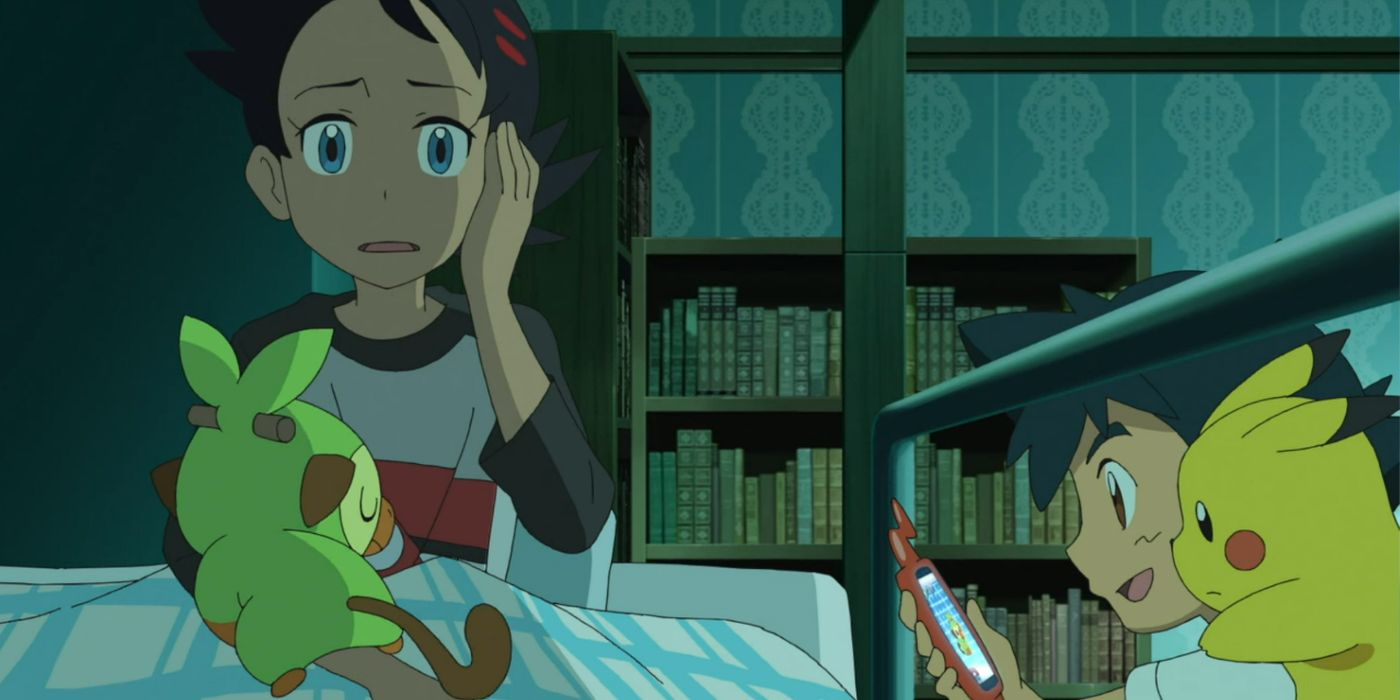 Pokemon: Goh discovers Grookey in his bed.