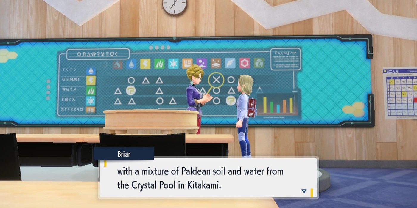 Briar describes the creation of the Terarium Core using Paldean soil and water from Kitakami's Crystal Pool in Pokémon Scarlet and Violet's Indigo Disk DLC.