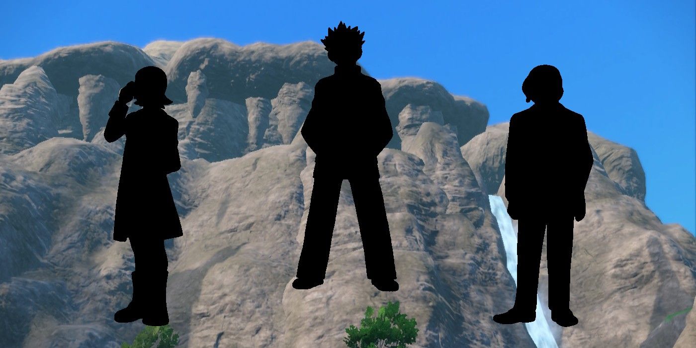 Pokémon Scarlet and Violet’s Oni Mountain in Kitakami with silhouettes of Maxie, Cyrus and Chairman Rose.