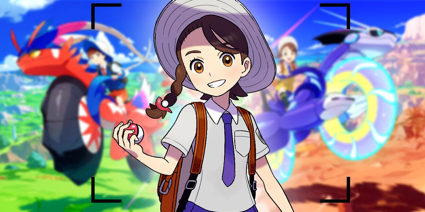 A Pokemon Scarlet and Violet smiles in the middle, with Koraidon and Miraidon blurred in the background.