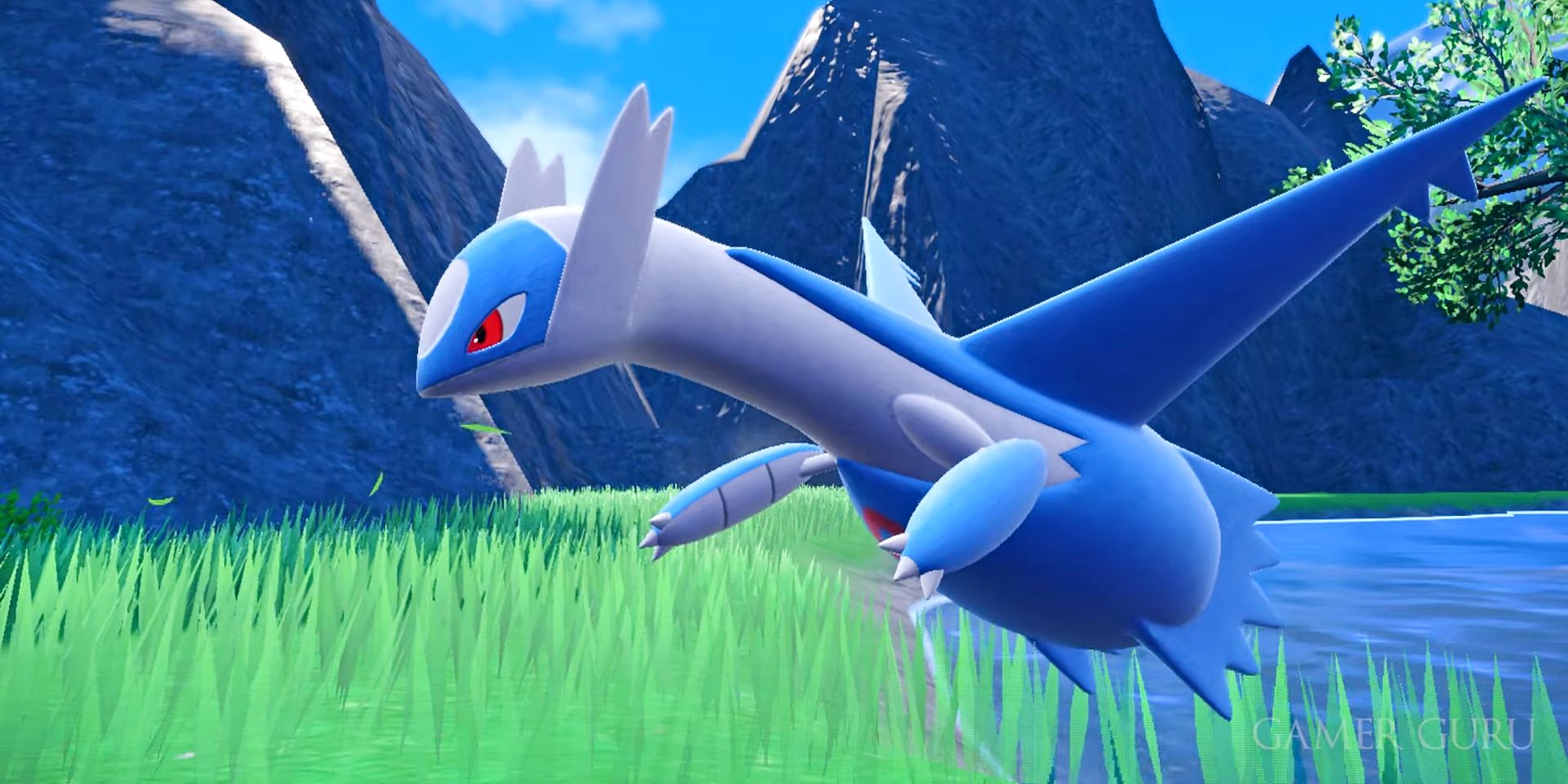 Latios voa sobre um pedaço de grama em Pokémon Scarlet e Violet.