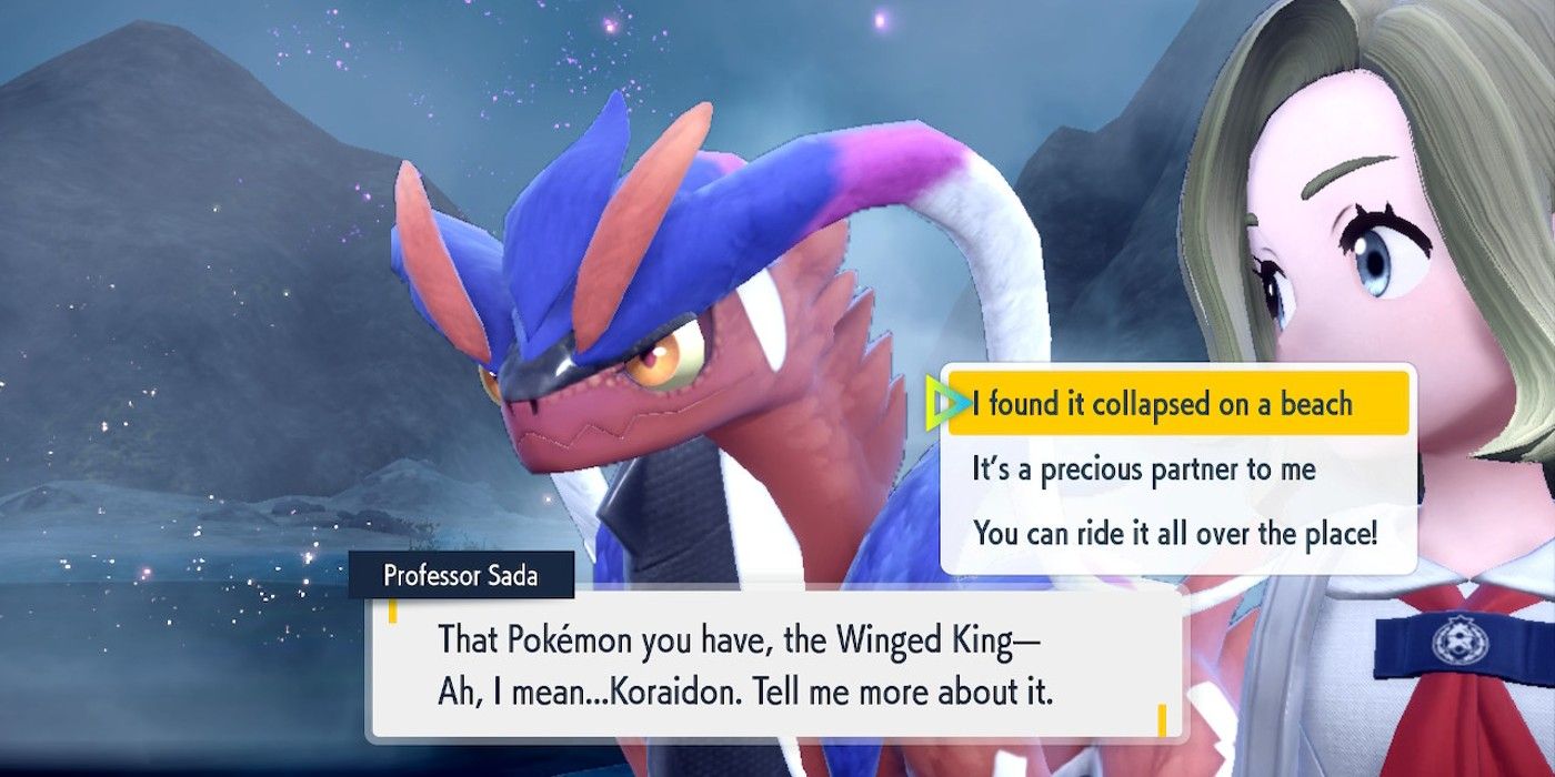 The player character’s dialogue choices for talking about Koraidon to Professor Sada during Pokémon Scarlet and Violet’s Indigo Disk DLC.