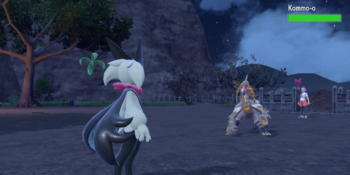 The player's Meowscarada faces Nemona's Kommo-o in Pokémon Scarlet and Violet's Mochi Mayhem.