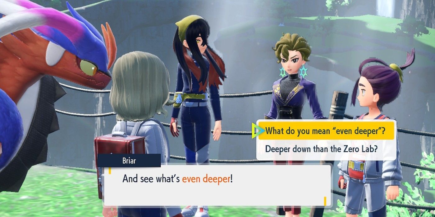 The player character is faced with two near-identical responses to Briar describing going ‘deeper’ into Area Zero during Pokémon Scarlet and Violet’s Indigo Disk DLC.