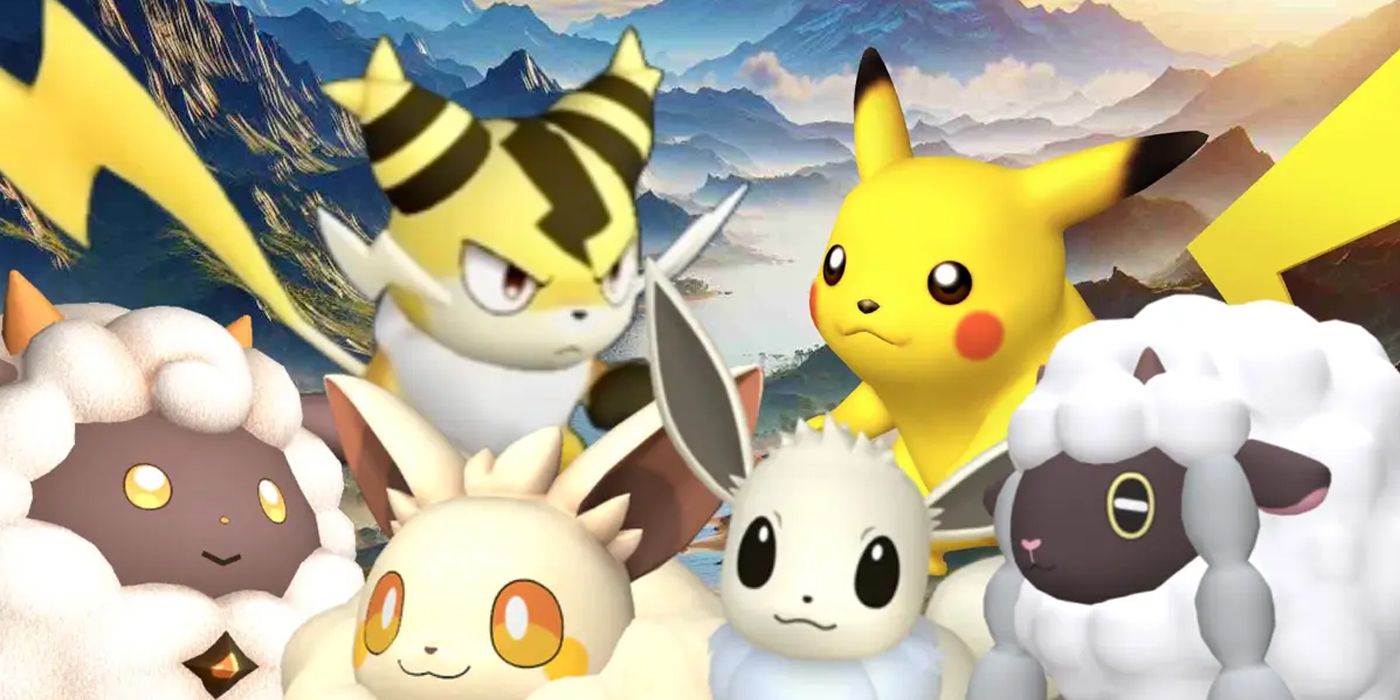 Several similar-looking Pokemon and Pals side by side against a vast mountain background