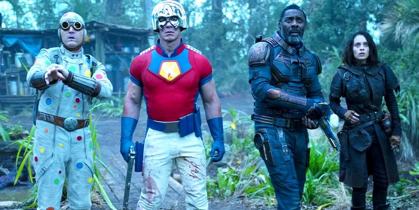 Polka Dot Man, Peacemaker, Bloodsport, and Ratcatcher 2 look concerned together in The Suicide Squad