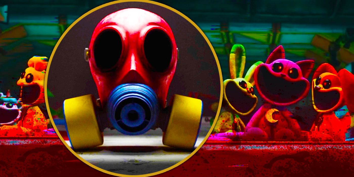 Poppy Playtime Header showing a row of stuffed plushes and a gas mask highlighted slightly left of center.