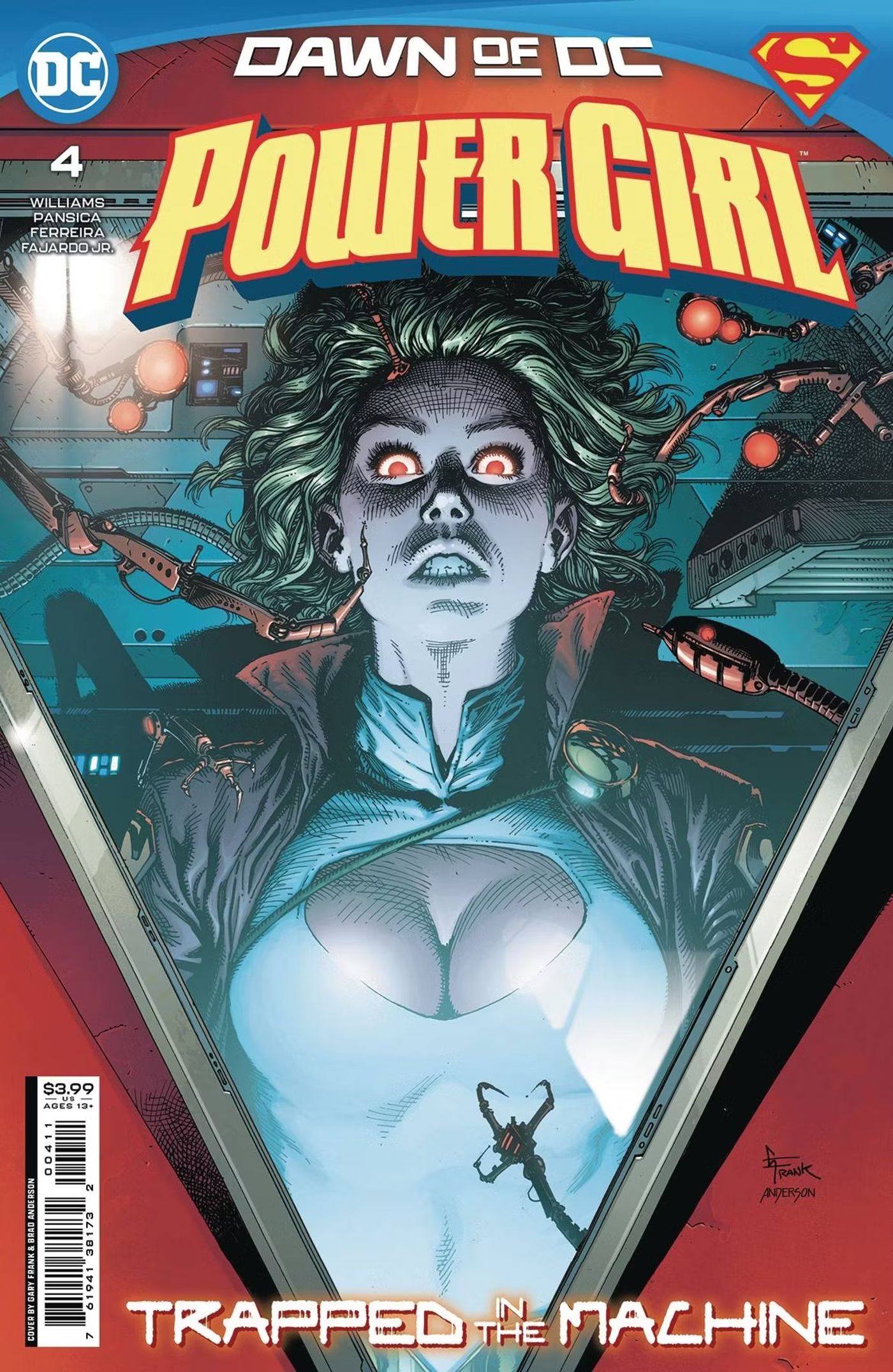 Capa de Power Girl # 4, Power Girl olha por trás da janela da Symbioship com um olhar de medo enquanto braços mecânicos e gavinhas serpenteiam em sua direção.