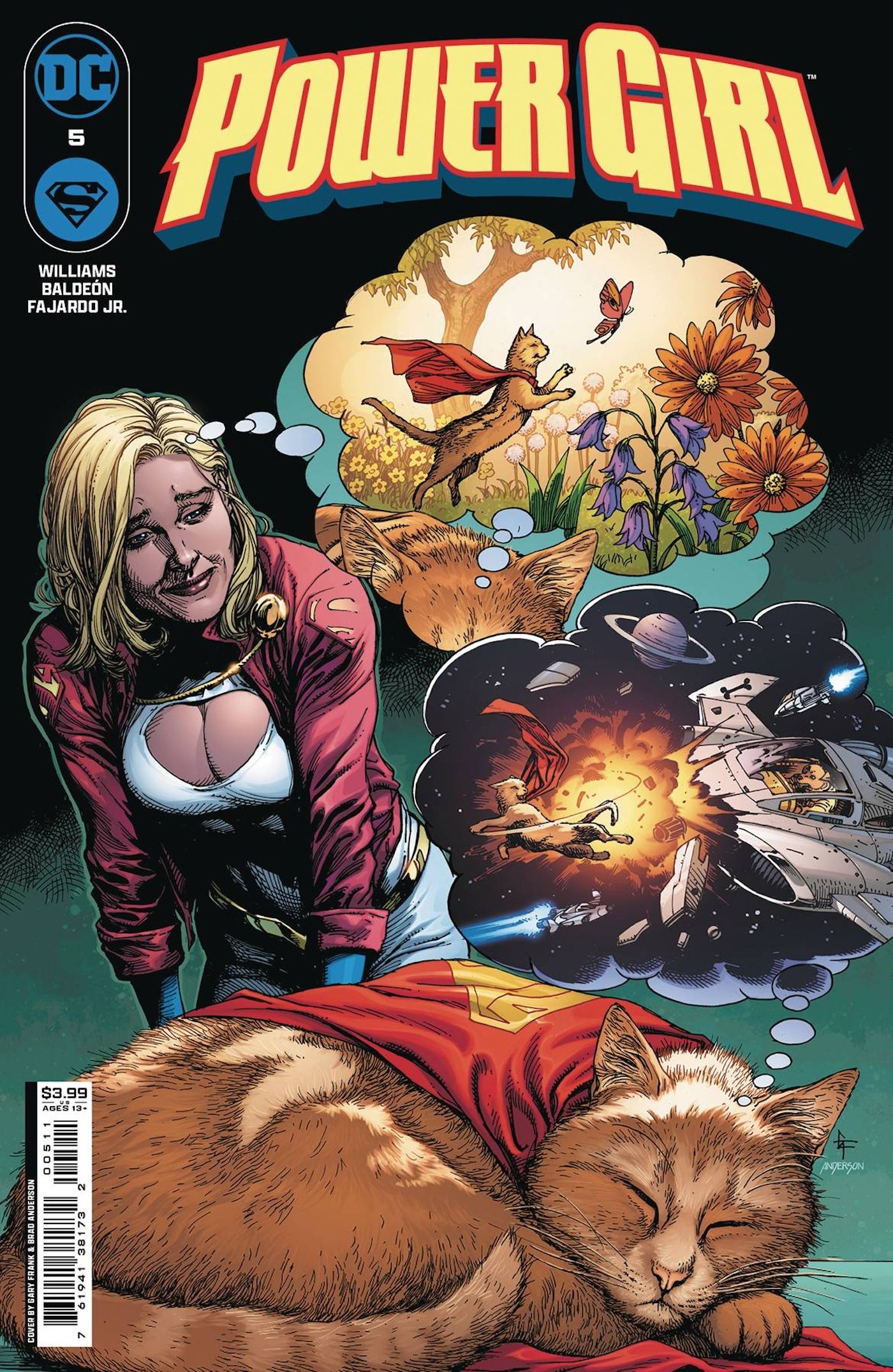Power Girl 5 Main Cover: Power Girl looking at a sleeping Streaky the Super Cat.