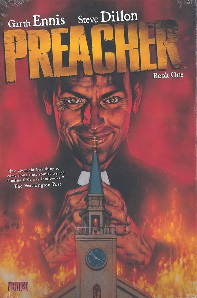 Preacher Book One cover featuring priest and church burning