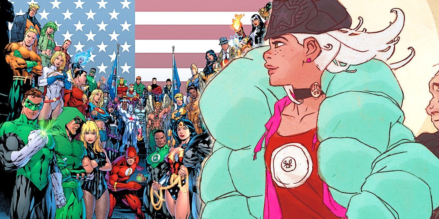 Comic book art: a teenage girl in a blue jacket looks over the characters of the Justice League with an American flag in the background.