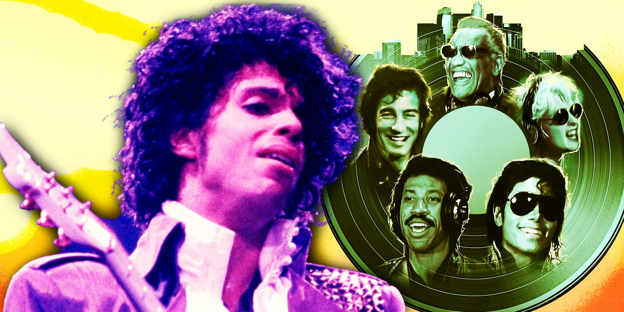 Prince from Purple Rain and an image for The Greatest Night in Pop documentary