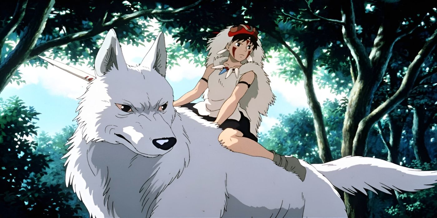 A woman with red face paint and a fur cape rides on the back of an angry white wolf. 