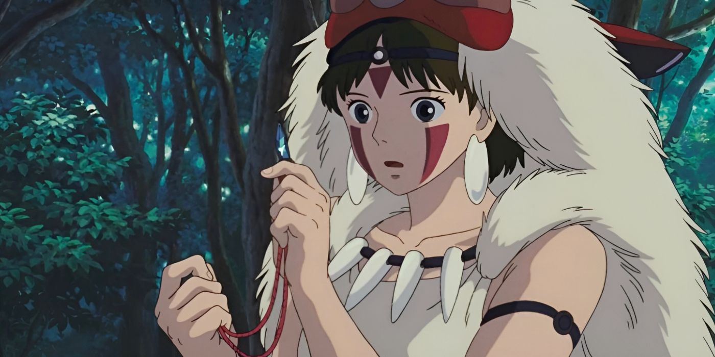 A woman with red face paint and a white fur cape looks surprised as she holds a necklace.